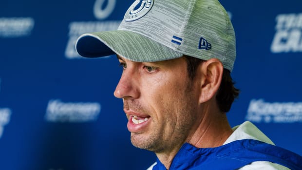 Aug 15, 2023; Westfield, IN, USA; Indianapolis Colts head coach Shane Steichen announces to the media that he has chosen Anthony Richardson (not pictured) as the starting quarterback ahead of Gardner Minshew (not pictured) after a training session at Grand Park Sports Campus. Mandatory Credit: Mykal McEldowney-USA TODAY Sports